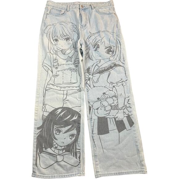 Anime Girls Graphic Wide Leg Jeans - Picture 1 of 2
